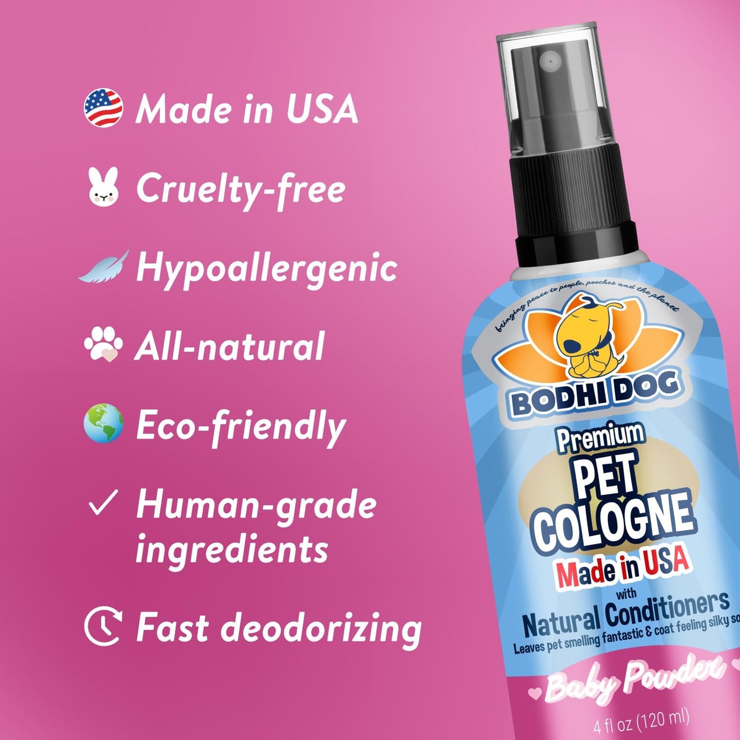 Natural Dog Cologne | Premium Scented Deodorizing Body Spray for Dogs & Cats | Neutralizes Strong Odors with Natural Dog Conditioner | Made in USA (Baby Powder, 4 Fl Oz)
